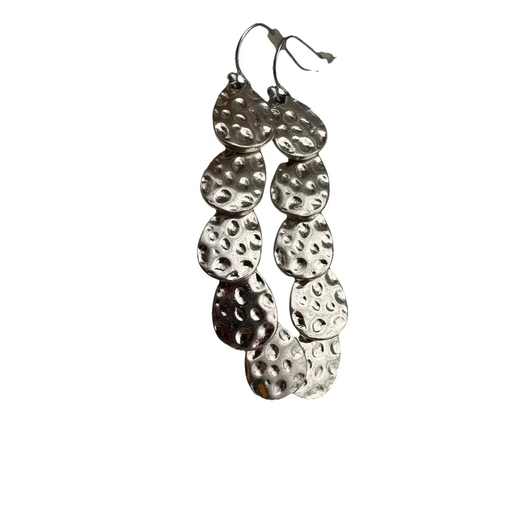 HAMMERED SILVER CRYSTAL WATERFALL DANGLE CURTAIN EARRINGS POST 2